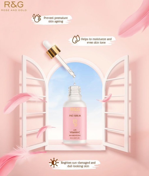 A clean, high-end product showcase for a vitamin C face serum using soft pink feathers and open window imagery to convey freshness and light.
